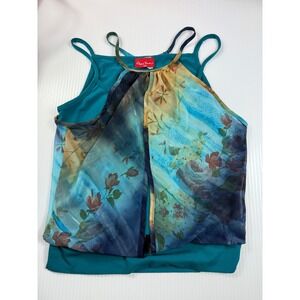 New Tower Floral Tank Top Sleeveless Teal Blue Overlay USA‎ Made Small